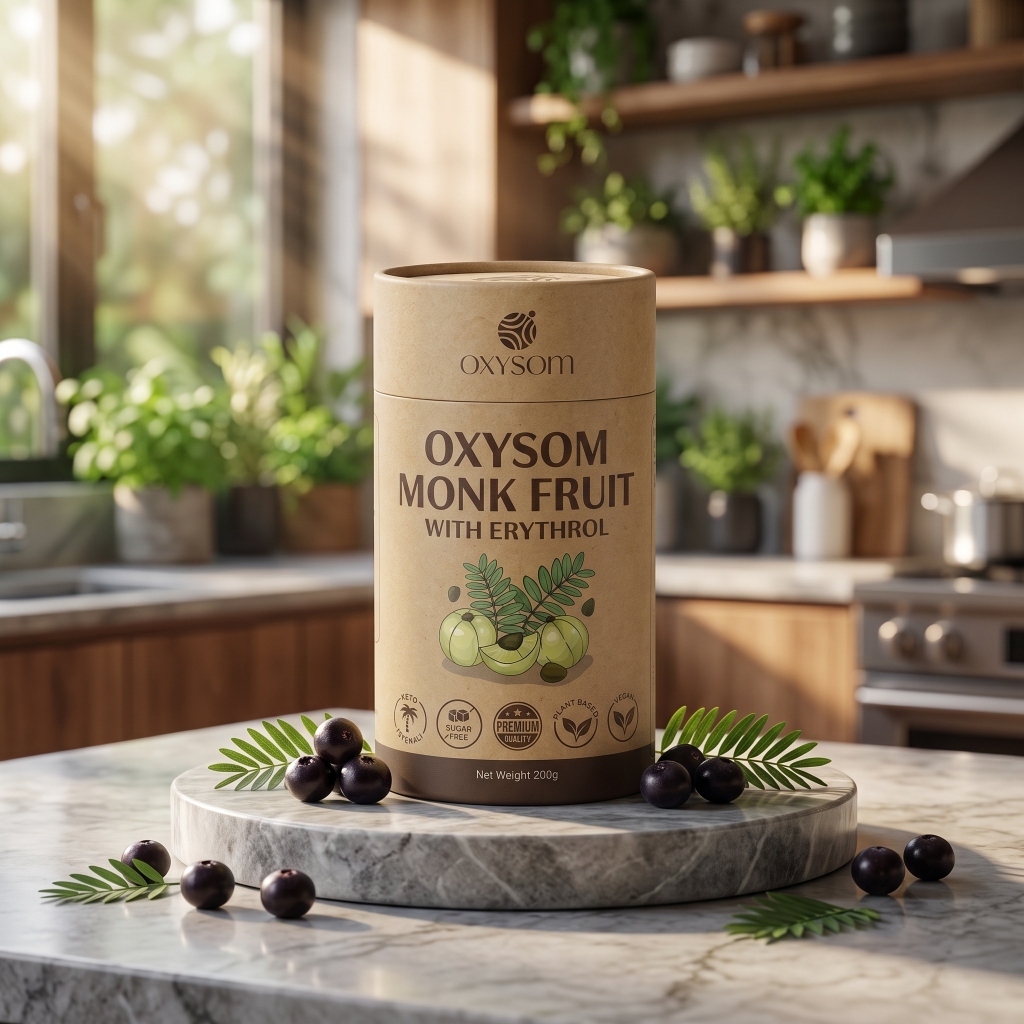 OXYSOM Monk Fruit Canister on Marble Counter in Modern Kitchen